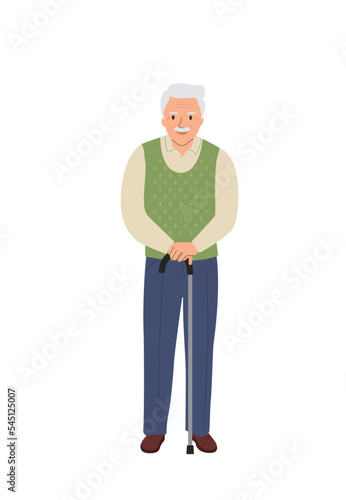 Full body elderly man with walking stick isolated. Vector flat style  illustration