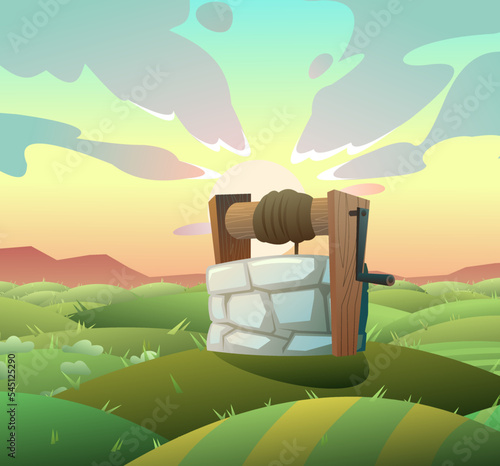 Stone well with wooden crossbar and rope for bucket. Rural water source. among rural vegetable garden hills with vegetable beds. Farm crop production. Cartoon fun style. Flat design. Vector.