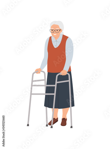 Full body elderly woman with  walker. Vector flat style  illustration