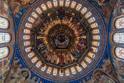 Spectacular ceiling and dome of Romanian Orthodox Holy Trinity Cathedral  Catedrala Sfanta Treime  was painted by Austro-Hungarian but Romanian artist Octavian Smigelschi  Sibiu  Romania