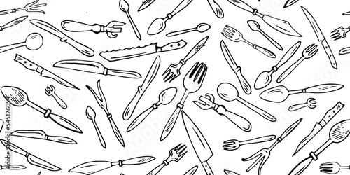 Forks and spoons. Rectangle seamless pattern. Set of cutlery and kitchen utensils for food and preparation. Outline hand drawn sketch. Drawing with ink. Isolated on white background. Vector.