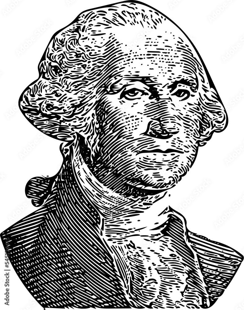 Black white portrait George Washington sketch from one dollar bill