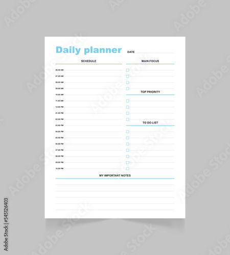 Minimalist daily planner page template. Blank white notepad page. 