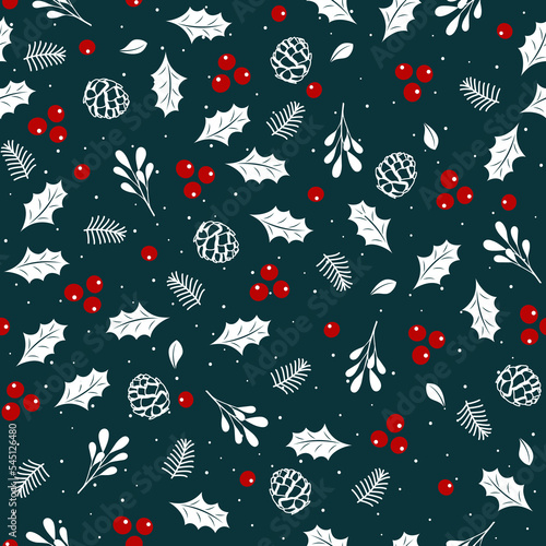 Winter floral seamless pattern with forest branches, holly leaves, mistletoe berries, pine cons, snow. Perfect for Christmas, New year holidays wrapping paper.
