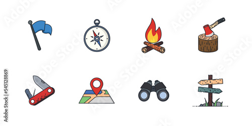 Cool flat camping and outdoor recreation vector icons set. Equipment for traveling, nature capming and tracking and hiking concept flat icon design.  photo