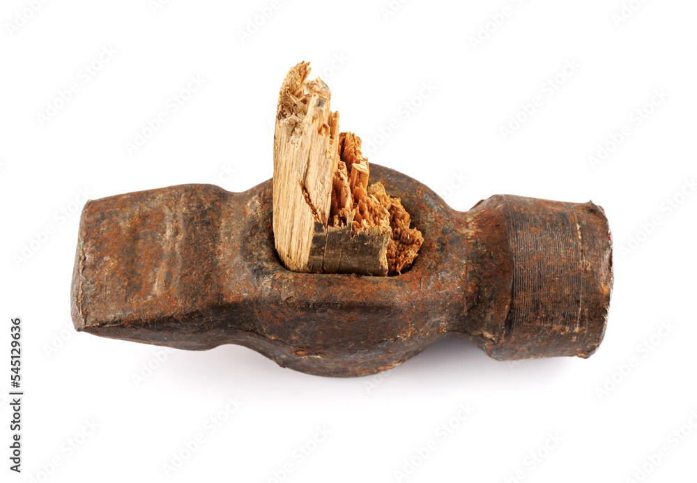 Old broken iron hammer isolated on white background. Old broken iron hammer isolated on white background.