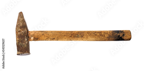 Old rusty hammer with wooden handle isolated on white background.