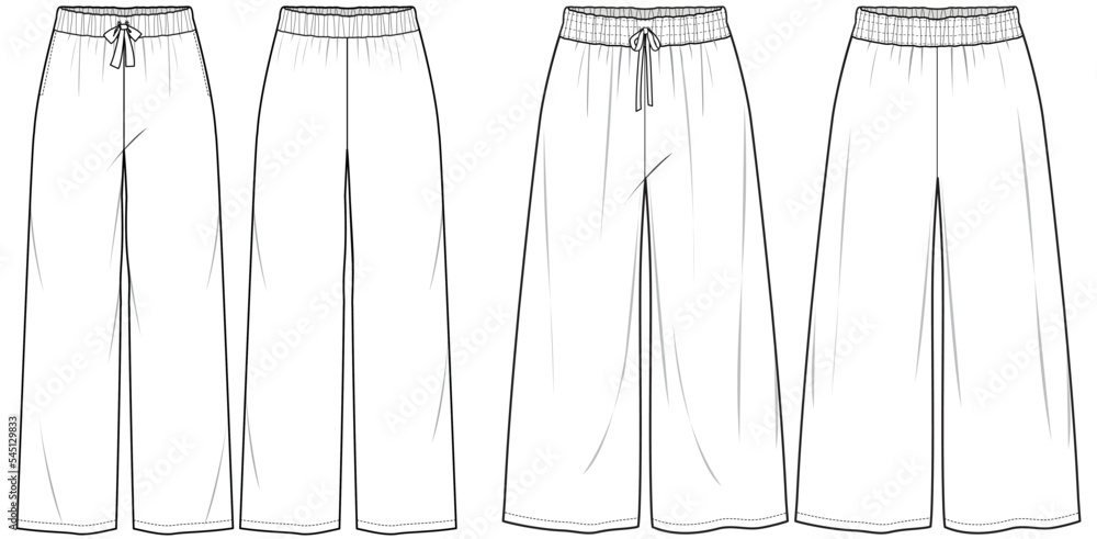 wide leg elastic waist drawstring pant flat sketch vector illustration  pajama pants front and back technical cad drawing template Stock Vector