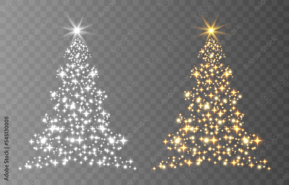 Shiny Christmas tree. Glittering lights in the form of a Christmas tree with bright shining and glowing particles. Golden glowing spruce in a luxurious design. Vector illustration on png background.