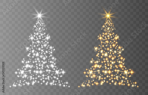 Shiny Christmas tree. Glittering lights in the form of a Christmas tree with bright shining and glowing particles. Golden glowing spruce in a luxurious design. Vector illustration on png background.