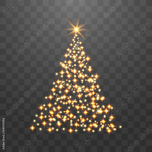 Shiny Christmas tree. Glittering lights in the form of a Christmas tree with bright shining and glowing particles. Golden glowing spruce in a luxurious design. Vector illustration on png background.