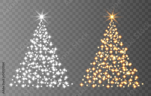 Shiny Christmas tree. Glittering lights in the form of a Christmas tree with bright shining and glowing particles. Golden glowing spruce in a luxurious design. Vector illustration on png background. © Leonid