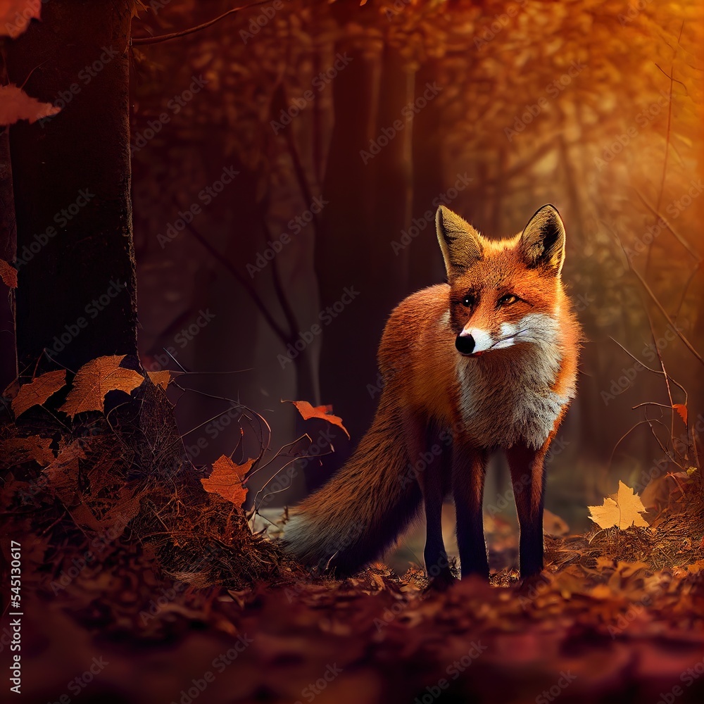 Fototapeta premium red fox in the autumn forest, photorealistic generated by Ai 