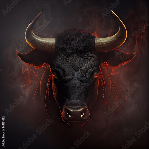 Gorgeous black bull's head surrounded by flame and smoke, Ai generated
