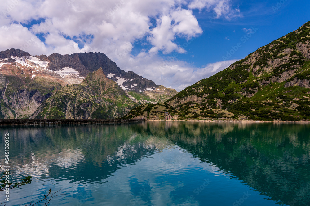 Panoramic view of the Gelmer reservoir in Switzerland.