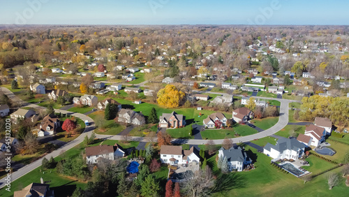 Aerial view low-density two story residential house in sprawl development outward expansion suburbs of Rochester, New York