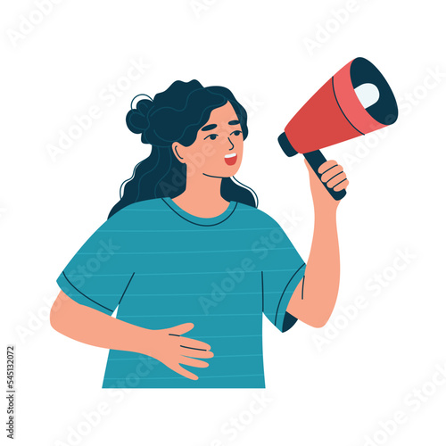 Young woman with loudspeaker making announcement. Girl with megaphone attracting new customers. Hiring, employees recruiting, hr. Attention! Sale, promotion. Isolated flat vector illustration