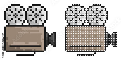 Pixel icon. Old camcorder. Filming movie on retro instrument. Film recording of movie. Simple retro game vector isolated on white background