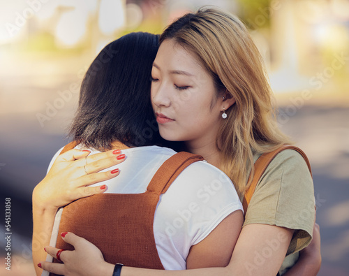 Love, women and hug for connect, sad and support for understanding with problem, compassion and calm together. Asian woman, girl and embrace friend, loving and help to console in kind relationship