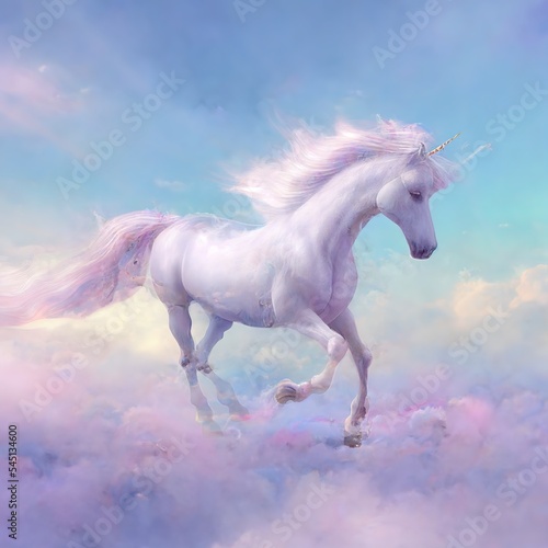 Beautiful unicorn in the clouds, pastel colours. Creative AI generated illustration