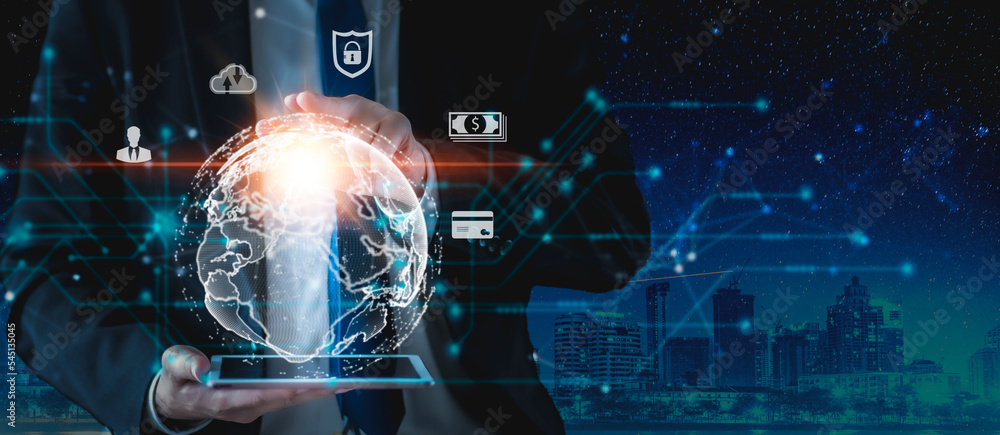 Businessman holding holographic image of the Earth. Science and technology concept. Businessman holding holographic image of the Earth. Science and technology concept.