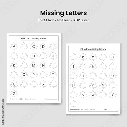 Write the missing alphabet letter.Learning English alphabet.Education game for complete the missing letters worksheet photo