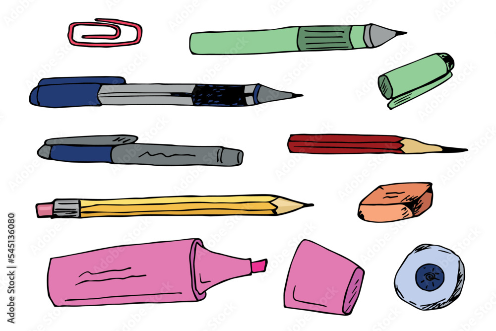 Vector pen, pencil and eraser clipart set. Hand drawn office supplies ...