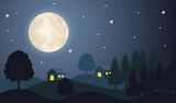beautiful full moon with village view. background, vector illustration