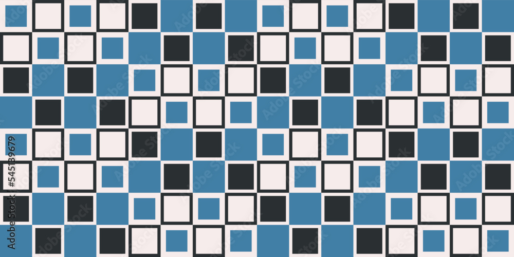 Checkered pattern of blue, white and black colors. Mosaic pattern of colored blue-black tiles. For seamless prints and decoration of various surfaces.