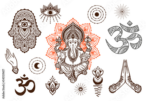 lord Ganesha, Hamsa, Moon, On, Hand. India set.