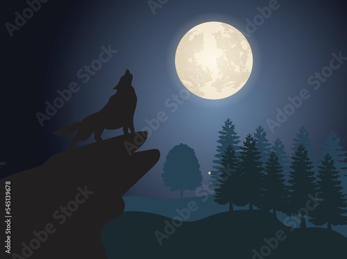 Wolf howling at full moon night design vector illustration