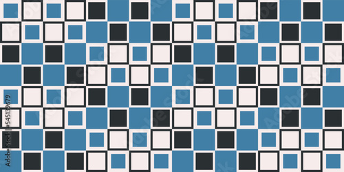 Checkered pattern of blue, white and black colors. Mosaic pattern of colored blue-black tiles. For seamless prints and decoration of various surfaces.