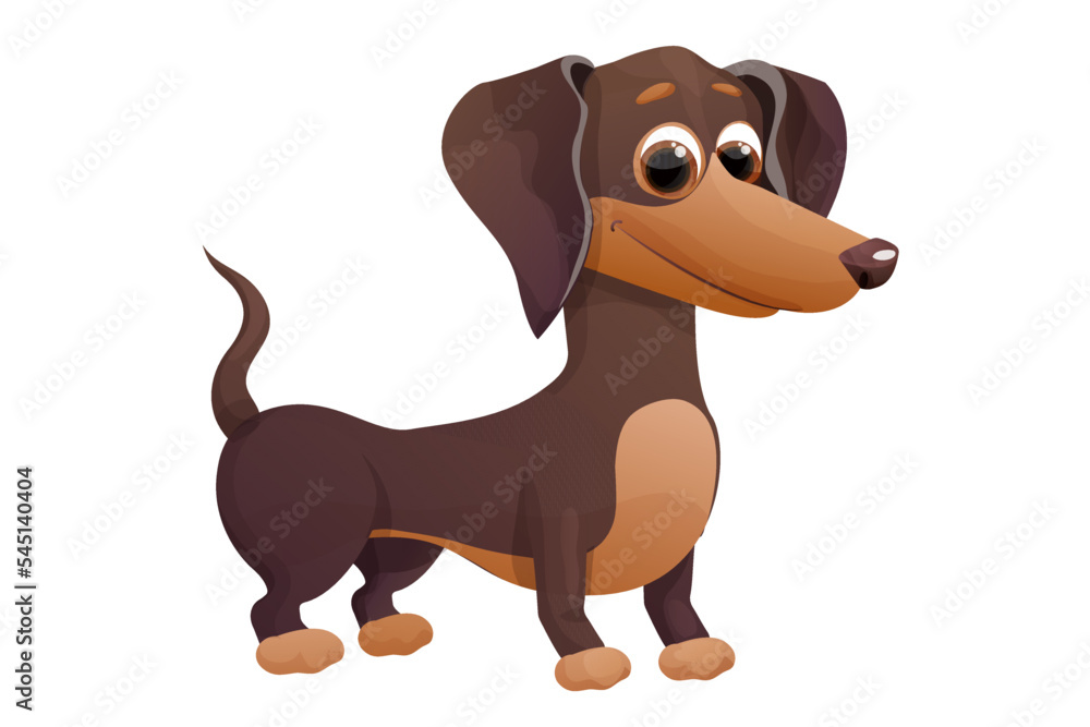 Cute dachshund puppy, standing and smiling in cartoon style, bright pet character isolated on white background.