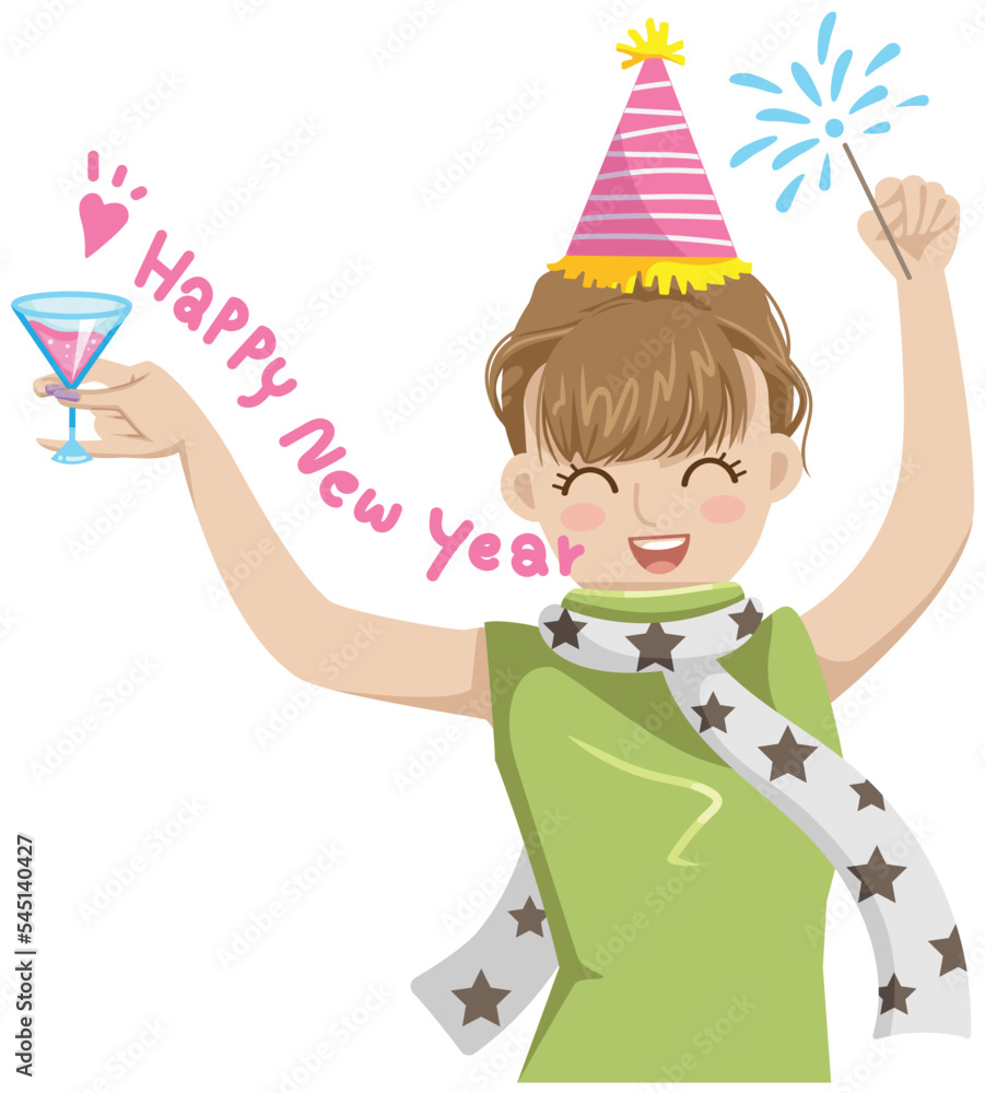 woman at a party wears a celebratory hat and holds a cocktail glass woman at a party wears a celebratory hat and holds a cocktail glass