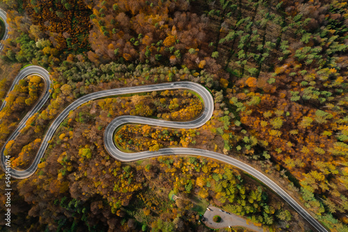Fototapeta Naklejka Na Ścianę i Meble -  Autumn winding road in a mountain surounded by an autumn forest in Europe.