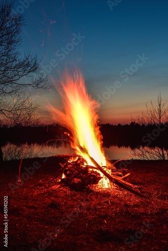 Night summer scenery by the lake. Beautiful large fire on the beach.