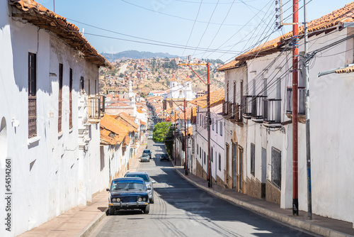 street view of sucre colonial town, bolivia