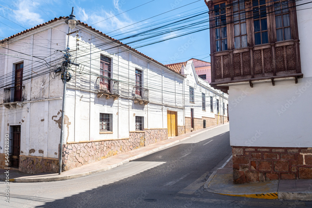 street view of sucre colonial town, bolivia