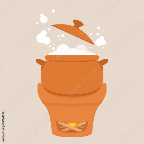 Earth pot vector. wallpaper. free space for text. earth rice cooker. boil.