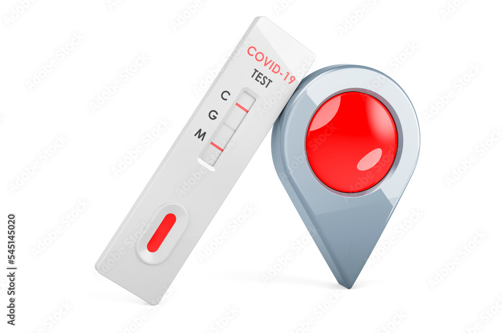 Test COVID-19 coronavirus, rapid test cassette with map pointer, 3D rendering Test COVID-19 coronavirus, rapid test cassette with map pointer, 3D rendering