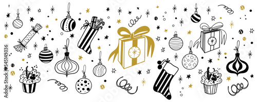 Christmas doodle. Line vector hand drawn. Christmas balls, confetti, presents, gift box, gift sock, cake