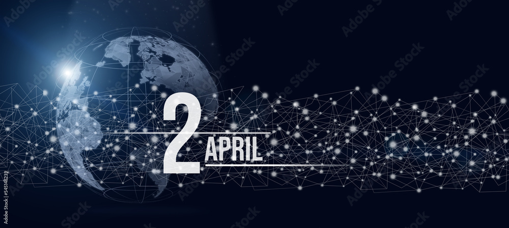 April 2nd. Day 2 of month, Calendar date. Calendar day hologram of the planet earth in blue gradient style. Global futuristic communication network.  Spring month, day of the year concept.