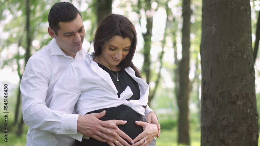 A pregnant woman with her husband rests in the park in nature. A young family is waiting for the birth of a child. Caring for a pregnant wife. The concept of love, mutual understanding, leisure.