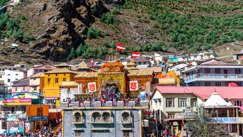 Aerial view of Badrinath Dham dedicated to Lord Vishnu situated in the town of Badrinath in Uttarakhand, India photo