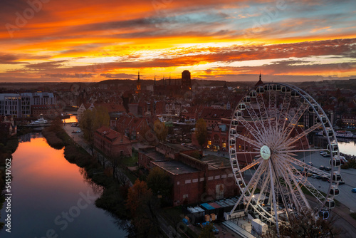 Beautiful Gdansk city over the Motlawa river at sunset. Poland