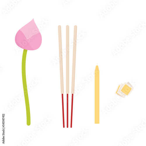 incense stick and candles set vector. symbol. lotus flower vector. Gold flame.