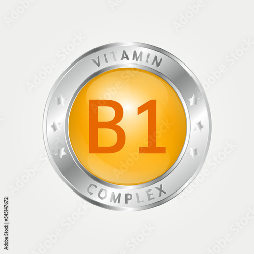 Icon structure vitamin B1 circle yellow, gold. silver border. Pill complex, collagen serum chemical formula. Beauty treatment nutrition skin care design, healthy. Medical, scientific. 3D Vector EPS10.