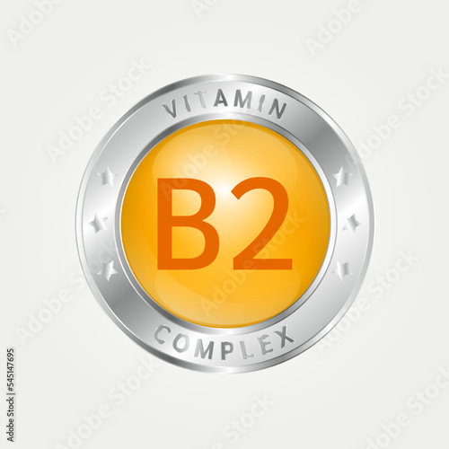 Icon structure vitamin B2 circle yellow, gold. silver border. Pill complex, collagen serum chemical formula. Beauty treatment nutrition skin care design, healthy. Medical, scientific. 3D Vector EPS10.