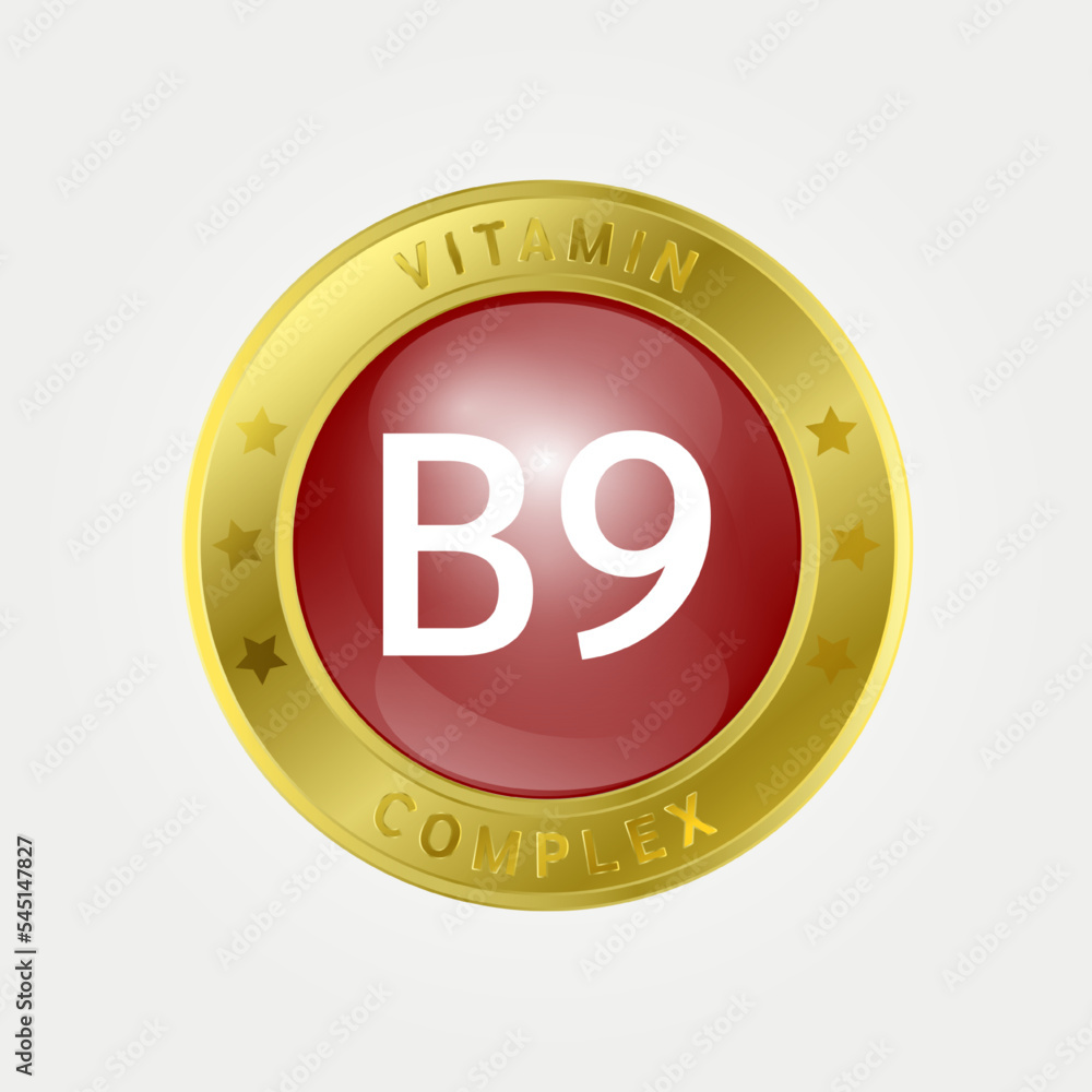 Vitamin B9 Icon structure circle brown, gold border. Pill complex ...