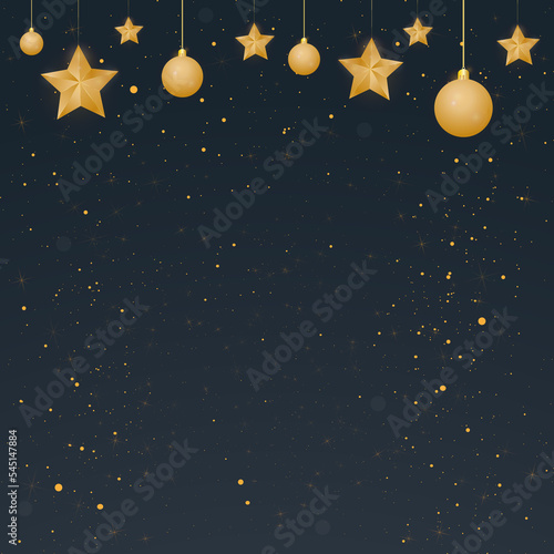 Fototapeta Naklejka Na Ścianę i Meble -  Black card template with gold decoration elements snowflakes, stars and globules for the Christmas tree.